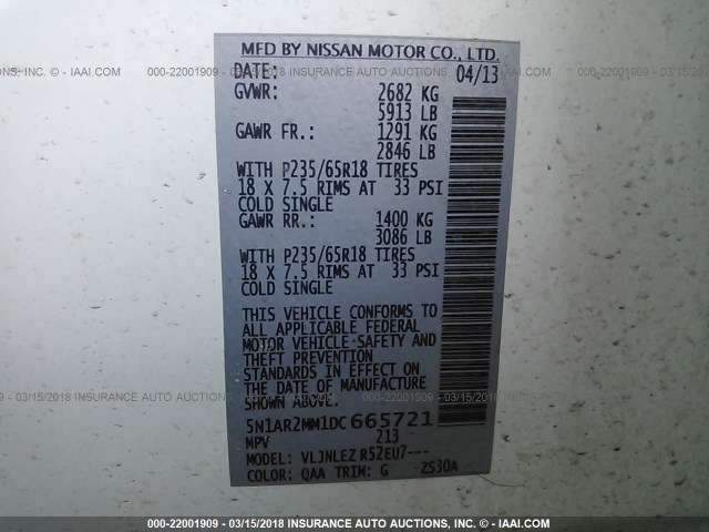 5N1AR2MM1DC665721 - 2013 NISSAN PATHFINDER S/SV/SL/PLATINUM 白色 照片 9