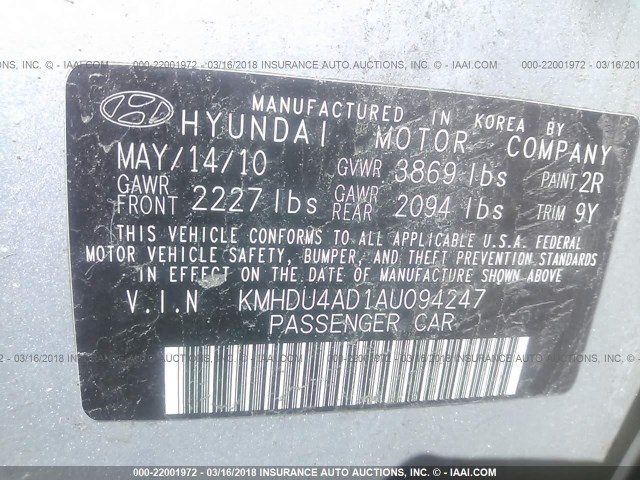 KMHDU4AD1AU094247 - 2010 HYUNDAI ELANTRA BLUE/GLS/SE SILVER photo 9