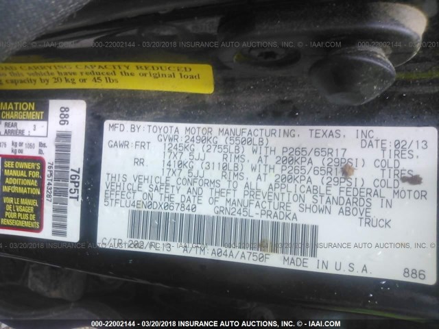 5TFLU4EN0DX067840 - 2013 TOYOTA TACOMA DOUBLE CAB შავი ფოტო 9