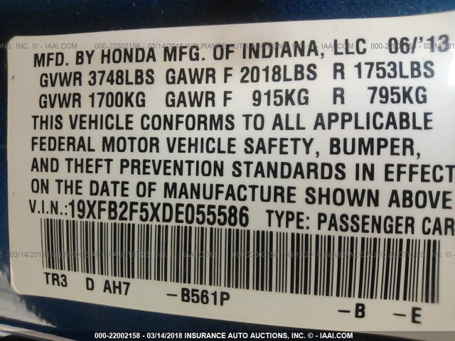 19XFB2F5XDE055586 - 2013 HONDA CIVIC LX BLUE photo 9