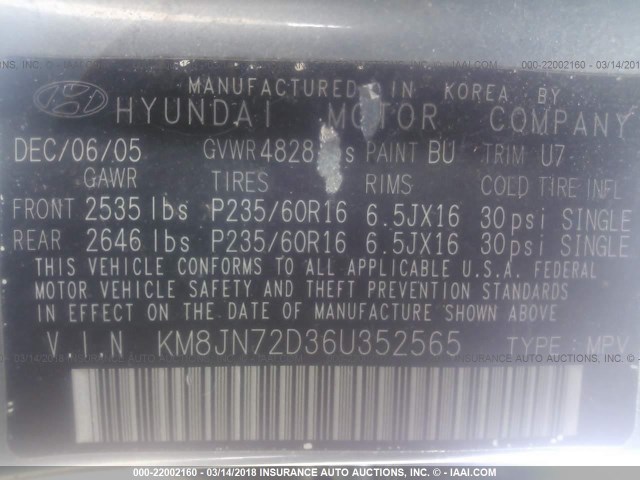 KM8JN72D36U352565 - 2006 HYUNDAI TUCSON GLS/LIMITED GREEN photo 9