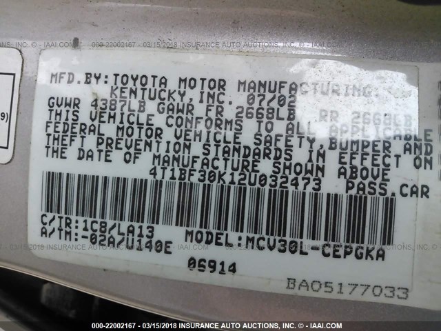 4T1BF30K12U032473 - 2002 TOYOTA CAMRY LE/XLE/SE GRAY photo 9