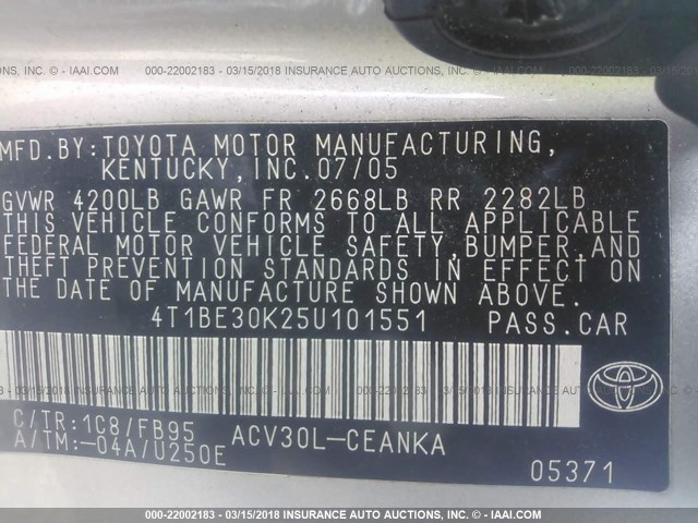4T1BE30K25U101551 - 2005 TOYOTA CAMRY LE/XLE/SE SILVER photo 9