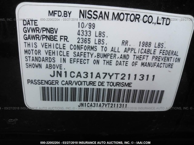 JN1CA31A7YT211311 - 2000 NISSAN MAXIMA GLE/GXE/SE GREEN photo 9