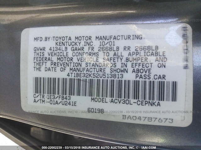 4T1BE32K52U513813 - 2002 TOYOTA CAMRY LE/XLE/SE GRAY photo 9