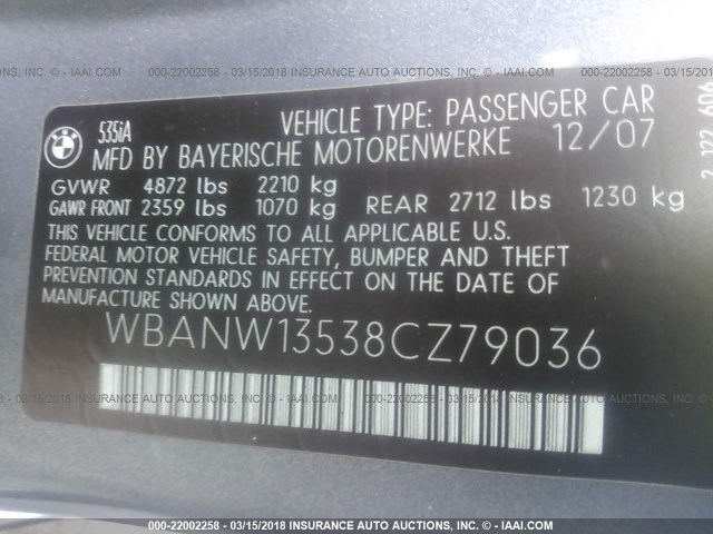 WBANW13538CZ79036 - 2008 BMW 535 I 灰色 照片 9