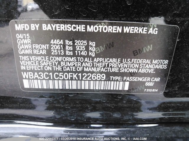 WBA3C1C50FK122689 - 2015 BMW 328 I SULEV BLACK photo 9