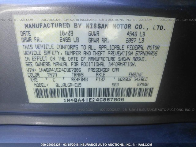 1N4BA41E24C867806 - 2004 NISSAN MAXIMA SE/SL TAN photo 9