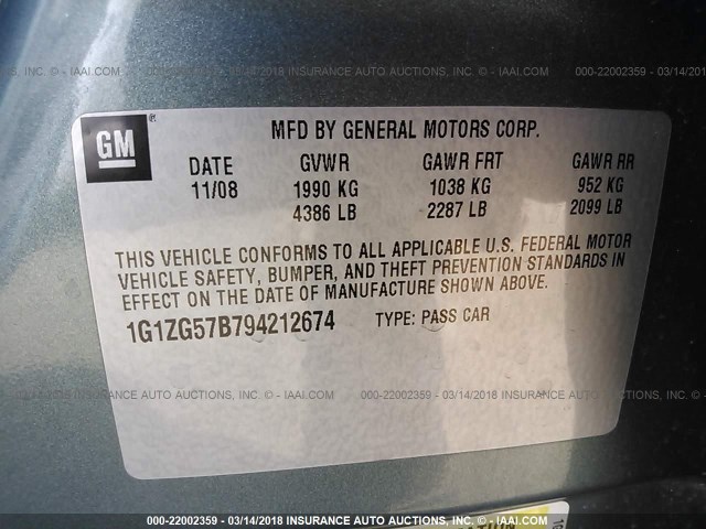 1G1ZG57B794212674 - 2009 CHEVROLET MALIBU LS 灰色 照片 9