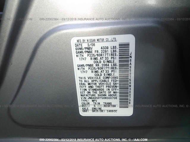 JN8AS58T58W300706 - 2008 NISSAN ROGUE S/SL GRAY photo 9