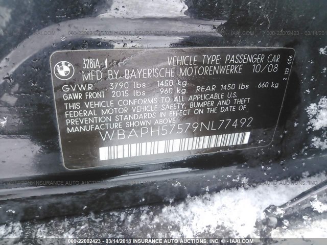 WBAPH57579NL77492 - 2009 BMW 328 I SULEV BLACK photo 9