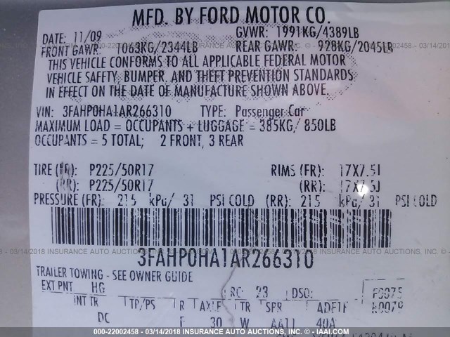 3FAHP0HA1AR266310 - 2010 FORD FUSION SE TAN photo 9