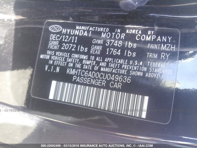 KMHTC6AD0CU049636 - 2012 HYUNDAI VELOSTER BLACK photo 9