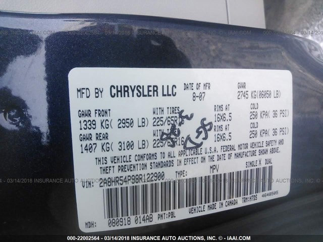 2A8HR54P98R122900 - 2008 CHRYSLER TOWN & COUNTRY TOURING BLUE photo 9