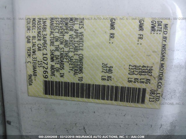 1N4BL3AP6EC107269 - 2014 NISSAN ALTIMA 3.5S/3.5SV/3.5SL WHITE photo 9