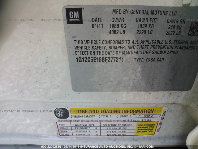 1G1ZC5E16BF277211 - 2011 CHEVROLET MALIBU 1LT 白色 照片 9