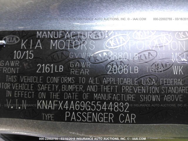 KNAFX4A69G5544832 - 2016 KIA FORTE LX GRAY photo 9