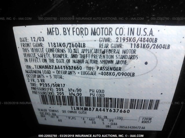 1LNHM87A44Y637660 - 2004 LINCOLN LS BLACK photo 9