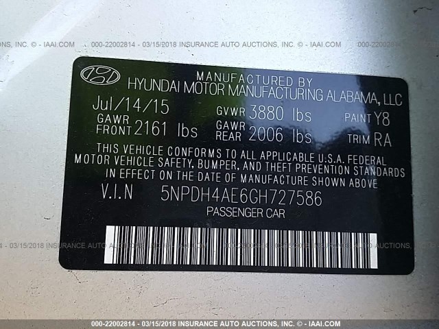 5NPDH4AE6GH727586 - 2016 HYUNDAI ELANTRA SE/SPORT/LIMITED SILVER photo 9