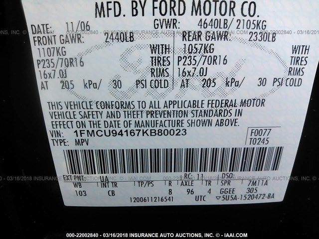 1FMCU94167KB80023 - 2007 FORD ESCAPE LIMITED BLACK photo 9