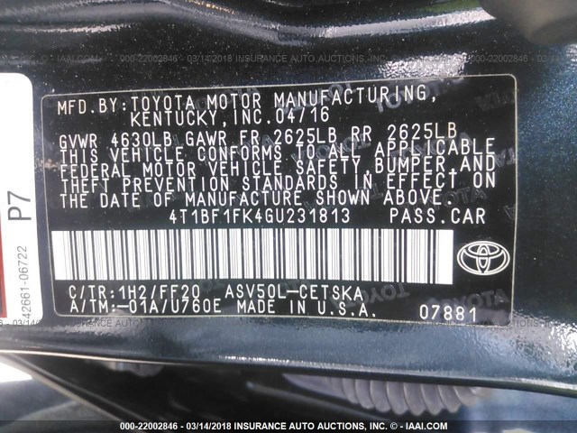 4T1BF1FK4GU231813 - 2016 TOYOTA CAMRY LE/XLE/SE/XSE Gris photo 9