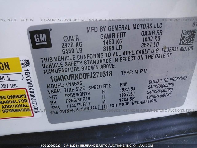 1GKKVRKD0FJ270318 - 2015 GMC ACADIA SLT-1 Blanc photo 9