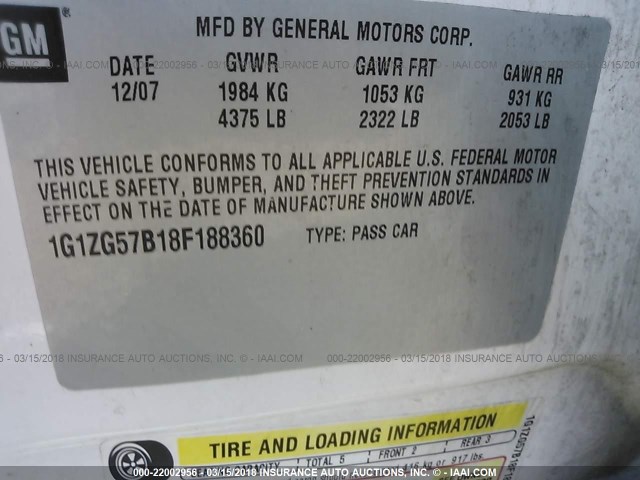 1G1ZG57B18F188360 - 2008 CHEVROLET MALIBU LS 白色 照片 9