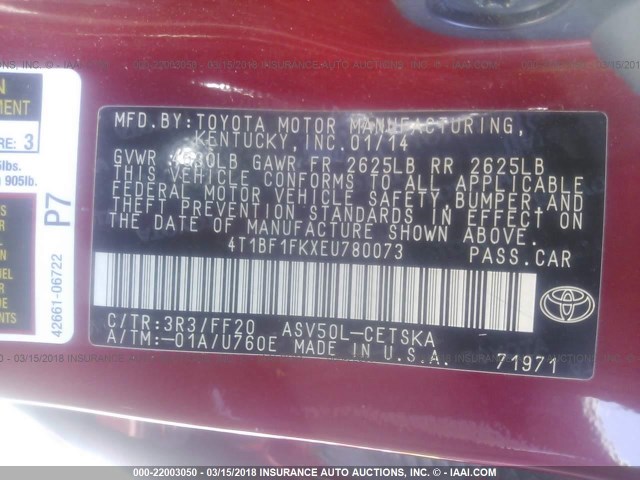 4T1BF1FKXEU780073 - 2014 TOYOTA CAMRY L/SE/LE/XLE 红色 照片 9