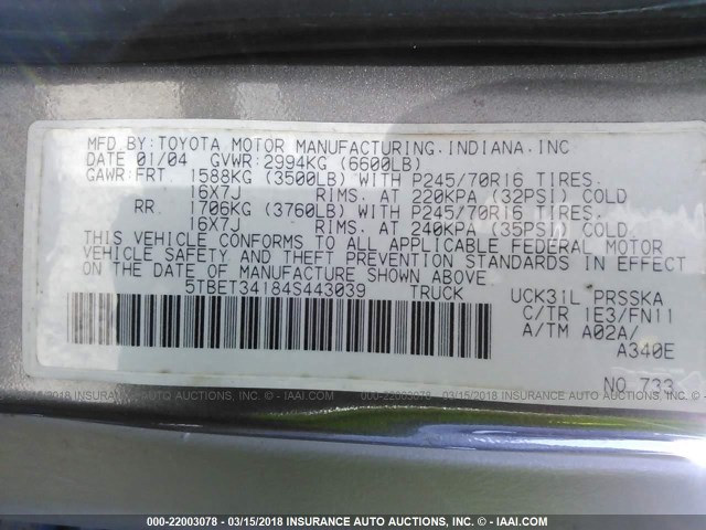 5TBET34184S443039 - 2004 TOYOTA TUNDRA DOUBLE CAB SR5 灰色 照片 9
