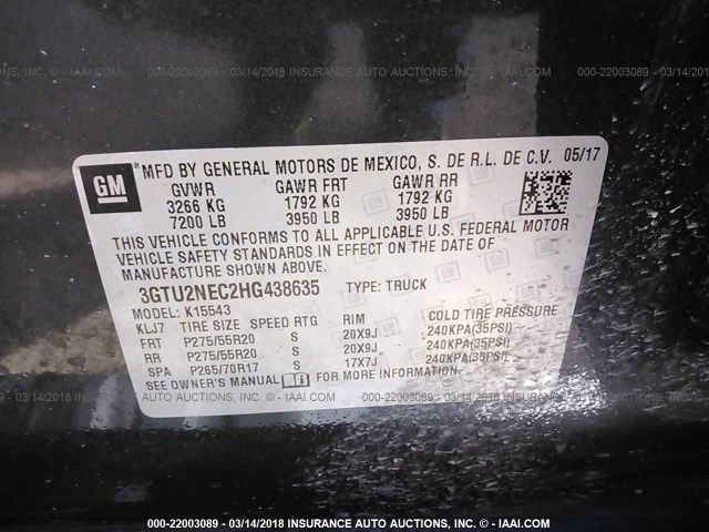 3GTU2NEC2HG438635 - 2017 GMC SIERRA K1500 SLT BLACK photo 9