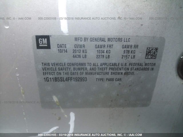 1G11B5SL4FF192993 - 2015 CHEVROLET MALIBU LS 银色 照片 9