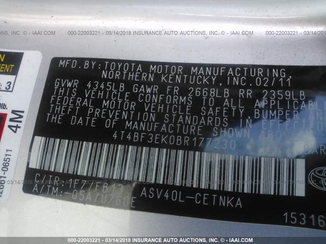 4T4BF3EK0BR177230 - 2011 TOYOTA CAMRY SE/LE/XLE SILVER photo 9