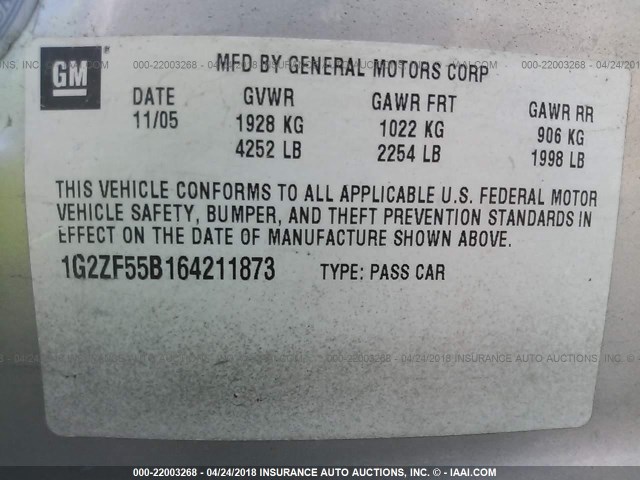 1G2ZF55B164211873 - 2006 PONTIAC G6 SE SILVER photo 9