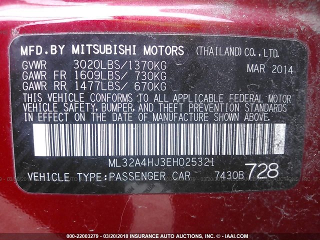ML32A4HJ3EH025321 - 2014 MITSUBISHI MIRAGE ES RED photo 9