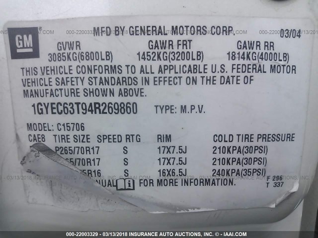 1GYEC63T94R269860 - 2004 CADILLAC ESCALADE LUXURY თეთრი ფოტო 9