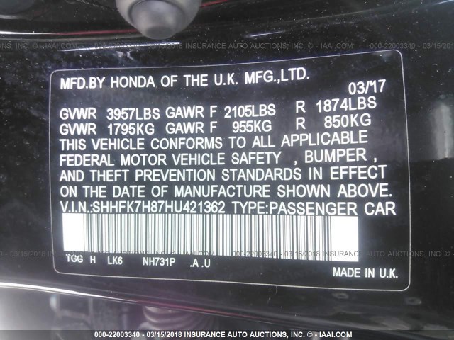 SHHFK7H87HU421362 - 2017 HONDA CIVIC EXL BLACK photo 9