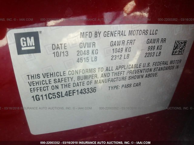 1G11C5SL4EF143336 - 2014 CHEVROLET MALIBU 1LT 红色 照片 9