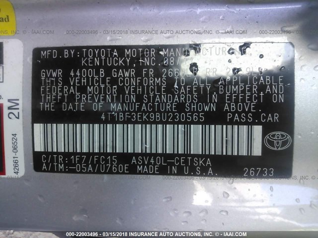 4T1BF3EK9BU230565 - 2011 TOYOTA CAMRY SE/LE/XLE SILVER photo 9