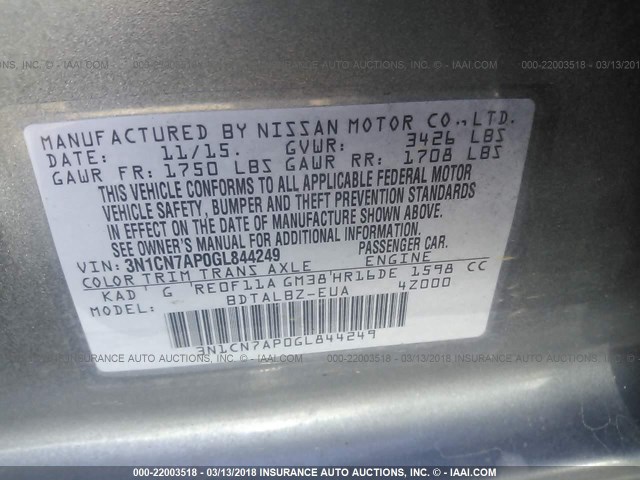 3N1CN7AP0GL844249 - 2016 NISSAN VERSA S/S PLUS/SV/SL GRAY photo 9