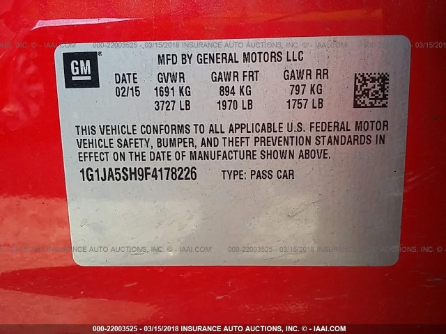 1G1JA5SH9F4178226 - 2015 CHEVROLET SONIC LS RED photo 9