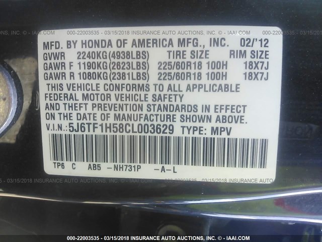 5J6TF1H58CL003629 - 2012 HONDA CROSSTOUR EXL შავი ფოტო 9