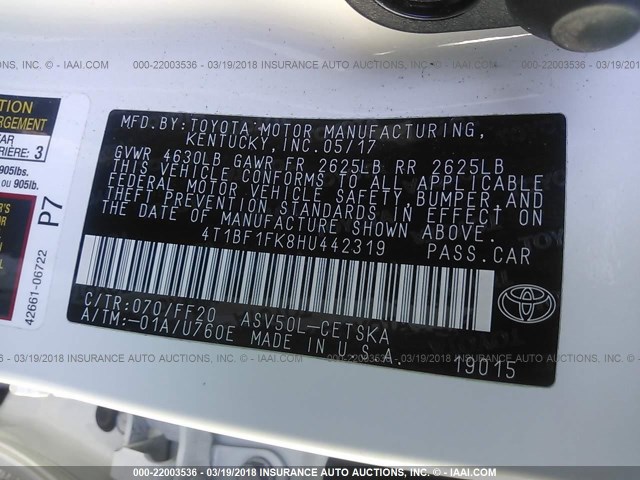 4T1BF1FK8HU442319 - 2017 TOYOTA CAMRY LE/XLE/SE/XSE WHITE photo 9