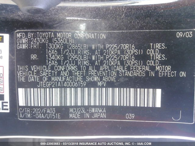 JTEGP21A140006159 - 2004 TOYOTA HIGHLANDER LIMITED BLACK photo 9