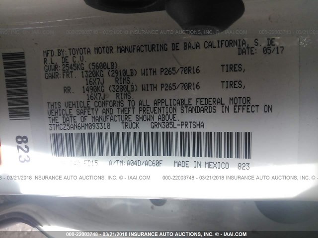 3TMCZ5AN6HM093318 - 2017 TOYOTA TACOMA DBL CAB/SR/TRDSPT/OR/PRO თეთრი ფოტო 9