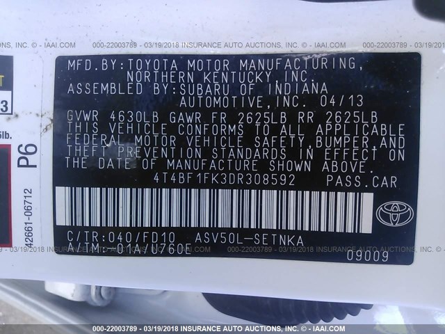 4T4BF1FK3DR308592 - 2013 TOYOTA CAMRY L/SE/LE/XLE 白色 照片 9