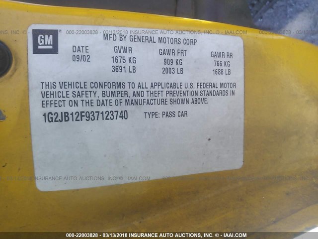 1G2JB12F937123740 - 2003 PONTIAC SUNFIRE Gelb Foto 9