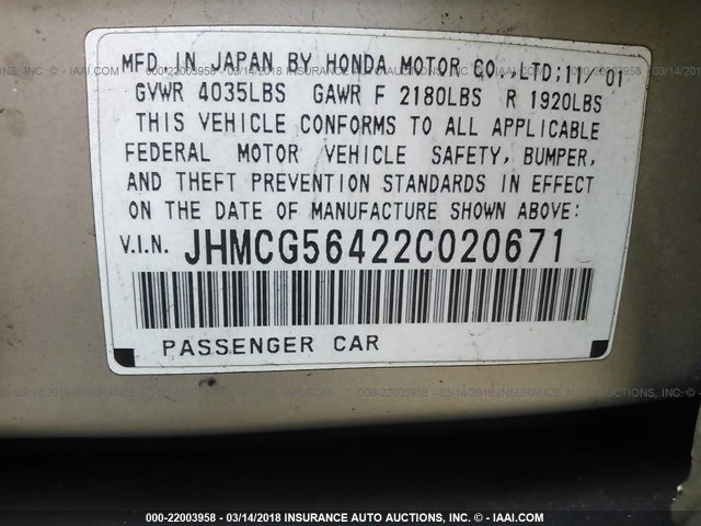 JHMCG56422C020671 - 2002 HONDA ACCORD LX GOLD photo 9