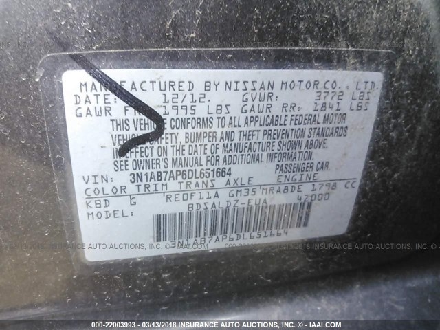 3N1AB7AP6DL651664 - 2013 NISSAN SENTRA S/SV/SR/SL GRAY photo 9