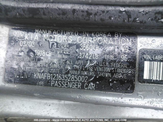 KNAFB121635285002 - 2003 KIA SPECTRA LS GRAY photo 9