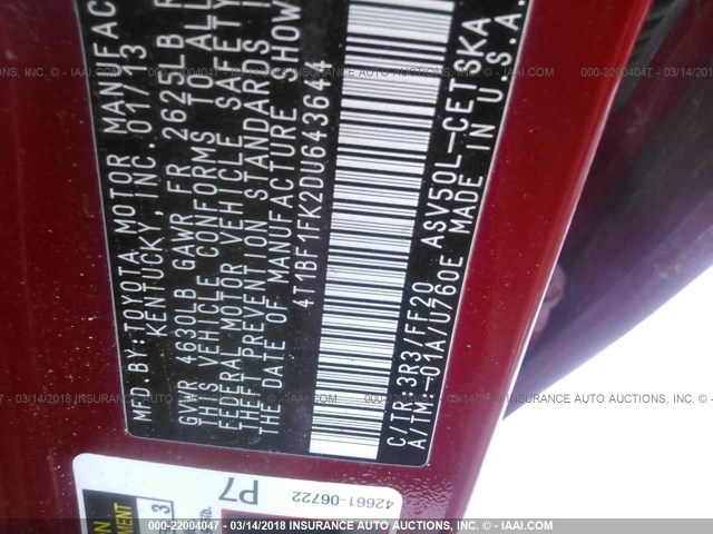 4T1BF1FK2DU643644 - 2013 TOYOTA CAMRY L/SE/LE/XLE Qırmızı foto 9